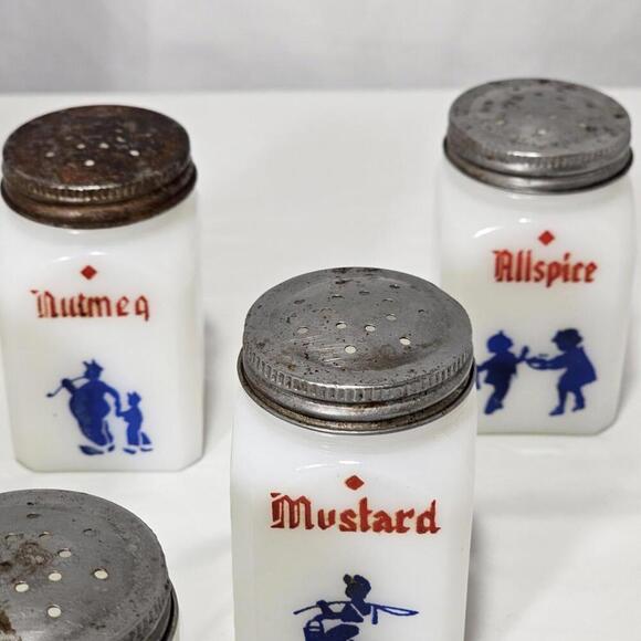 Vintage Set OF 8 Hazel Atlas Milk Glass Dutch Spice Jars Set - Picture 6 of 7